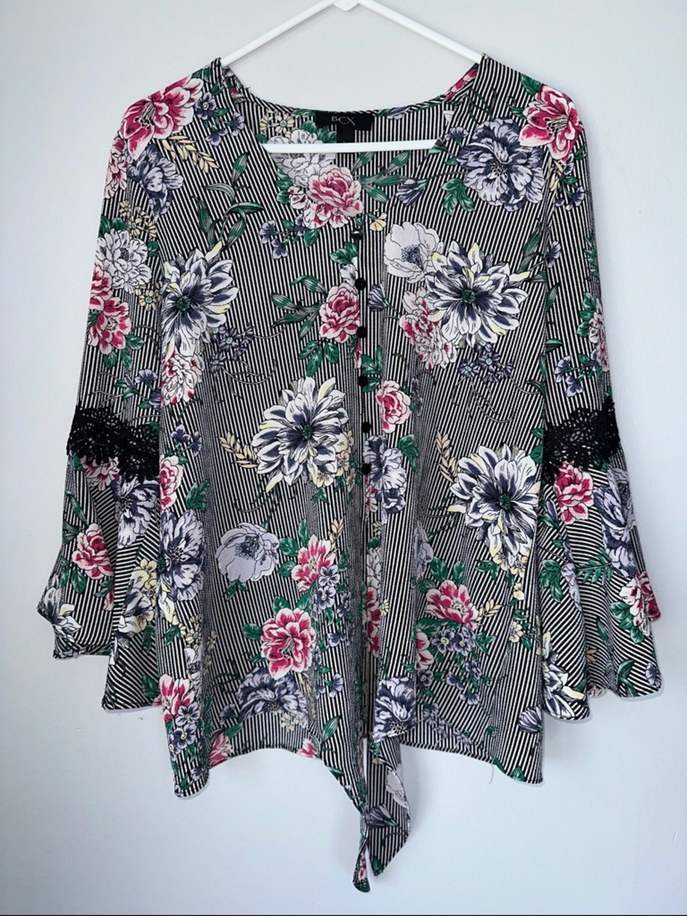BCX Black Striped Floral Tie-Front Tunic with Pink & Green Accents
